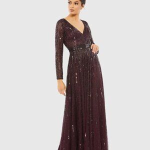 MAC DUGGAL Red Sequined V Neck Illusion Sleeve A Line Gown
